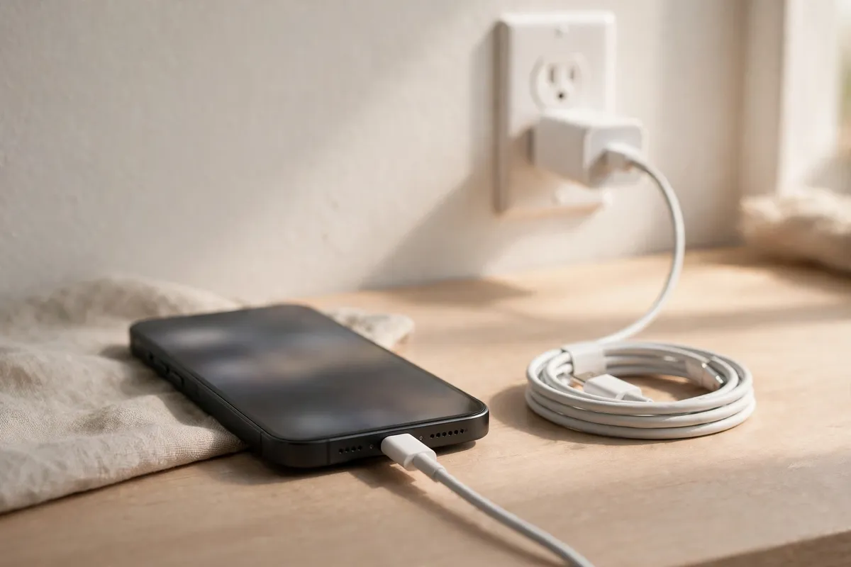 A phone plugged into a white charging cable and wall charger on a wooden desk, with a spare coiled cable beside it.