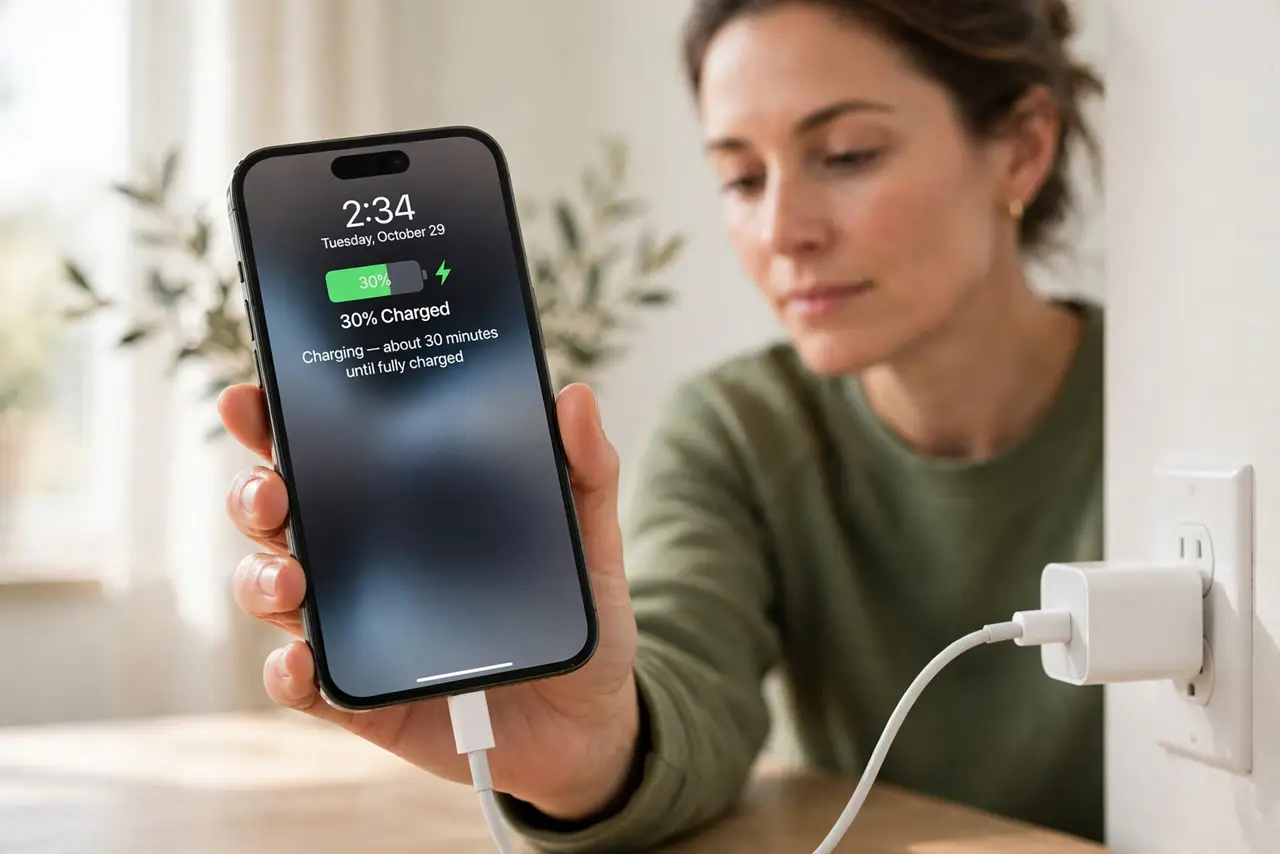 Step 1 in action for Phone Won't Turn On After an Update: Charge from a wall outlet for 30 minutes.