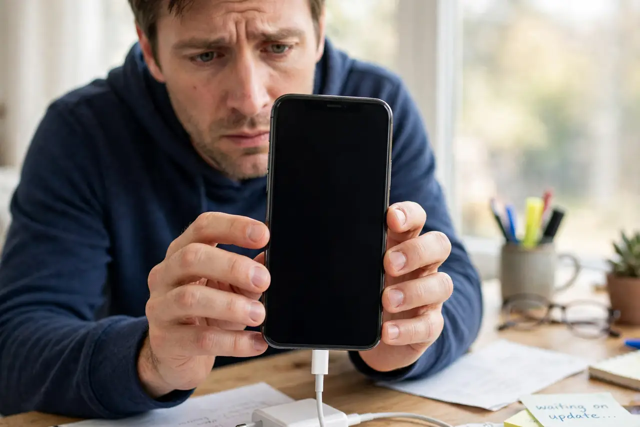 Phone Won't Turn On After an Update — a worried adult holding a real iPhone with a completely dark screen, the phone plugged into a charger on a des