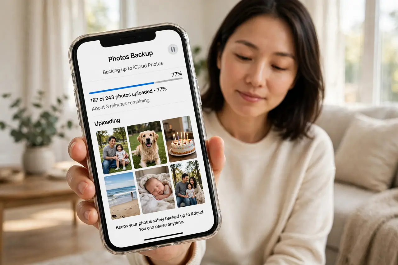 a person holding a real phone showing a photo backup app with upload progress legible, family photos visible on screen, the person's face relieved, bright li...