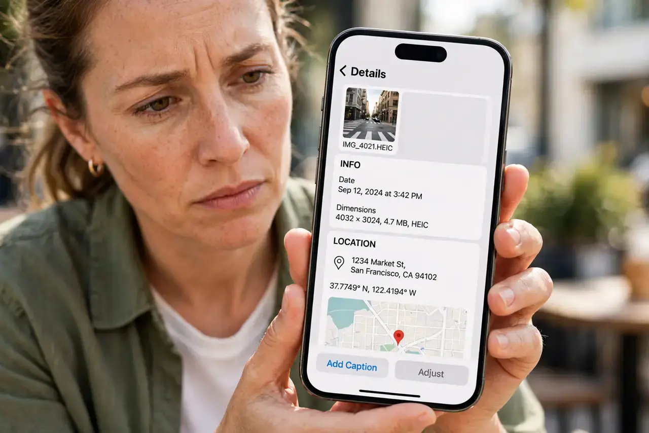 Strip Location From Photos Before Sharing — a careful adult holding a real iPhone showing a photo's details screen with location metadata visible and full