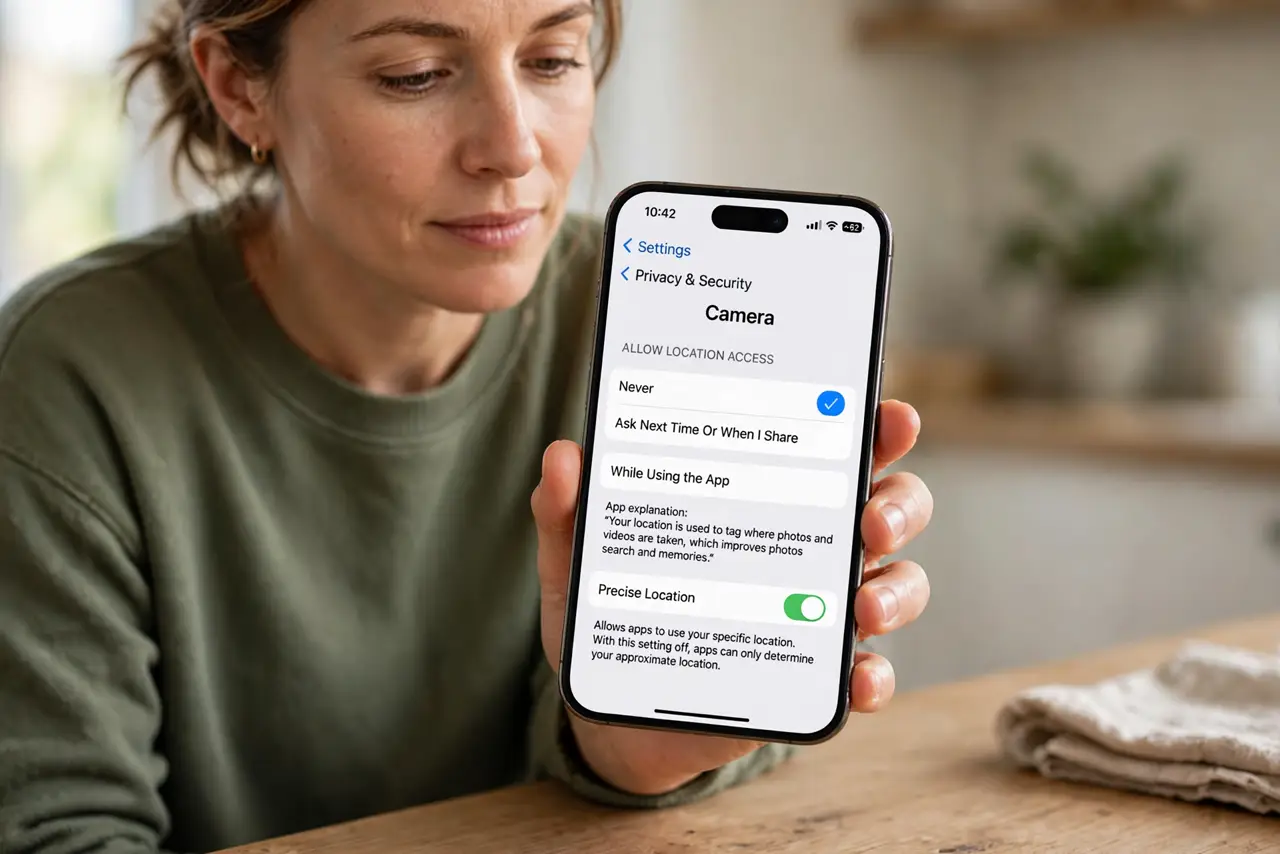Photo Location Data Shared by Default? Stop It — step 1 being performed on the device.
