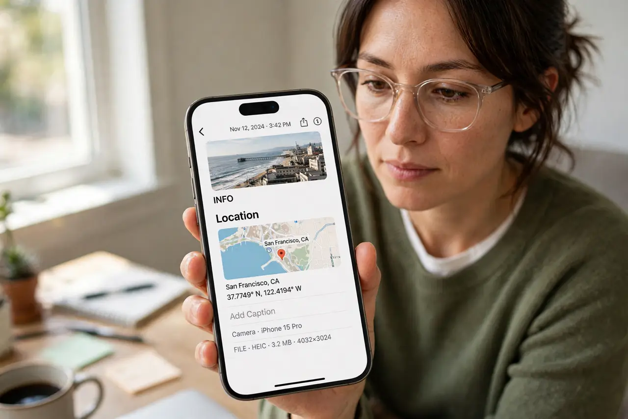 A person performing step 1 of the guide: Check what your photos carry. Open a photo's info or details screen and look for a map or coordinates. Most phones tag locations by...