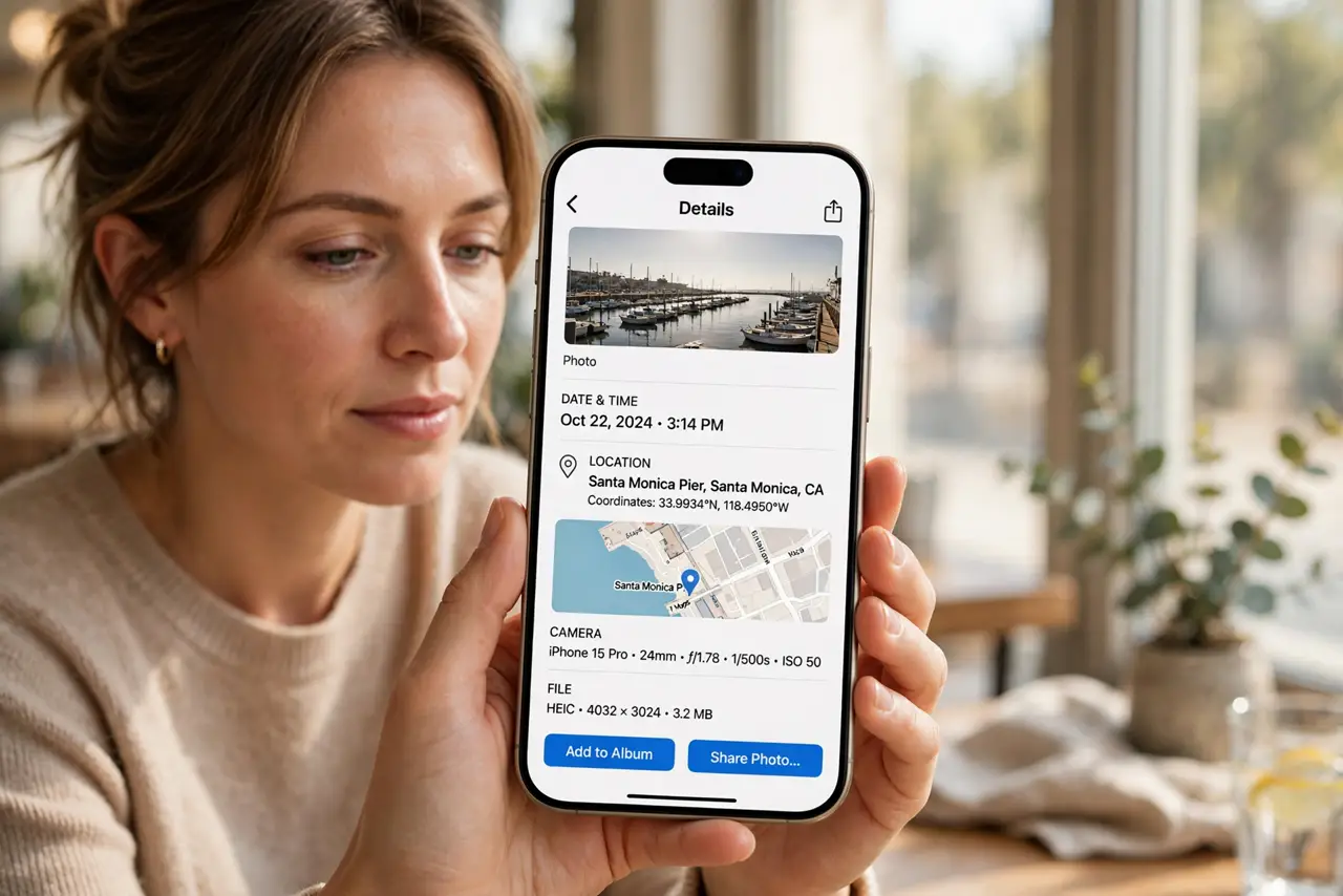 a calm adult holding a real iPhone showing a photo's details screen with normal location information and legible text, the person reviewing it before sharing