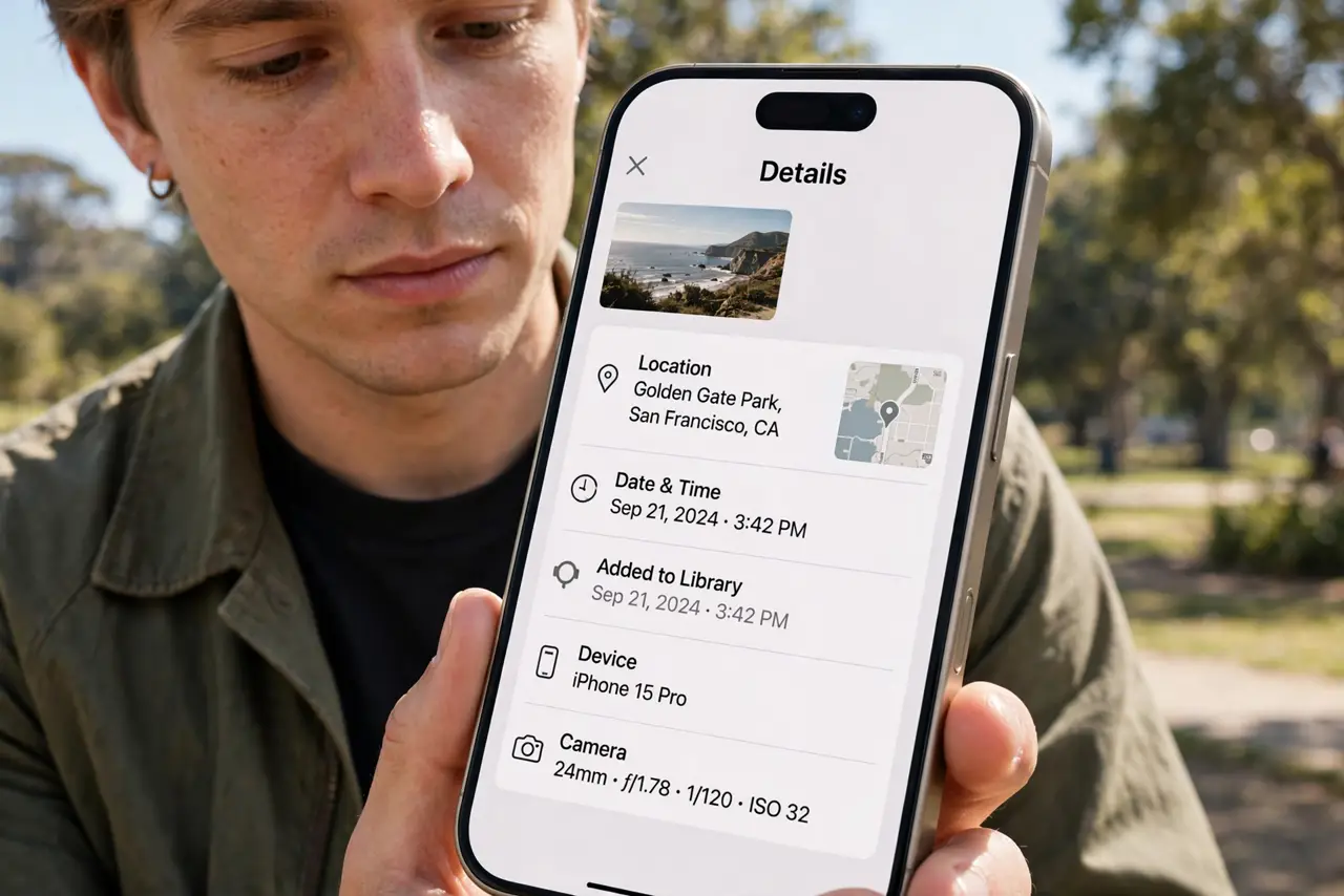 A person performing the first step: See what is in your photos. Open a photo's details or info screen. Location, device.