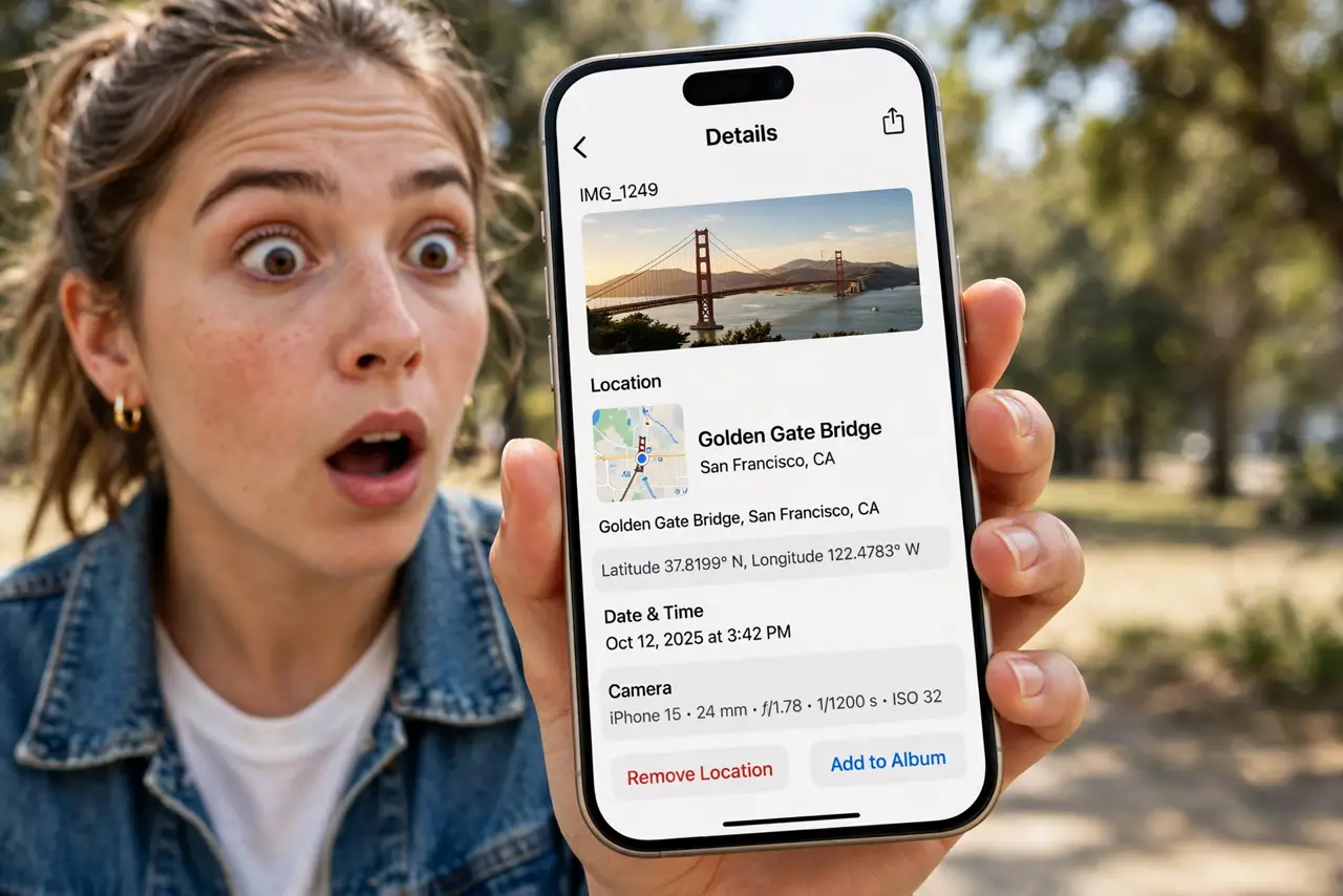 A person holding a real phone showing a photo's details screen with location data legible, the person's face surprised,