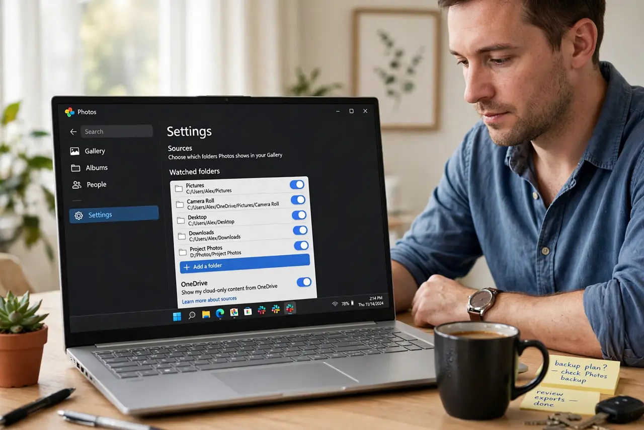 A focused man checking the photos app settings for watched folders.