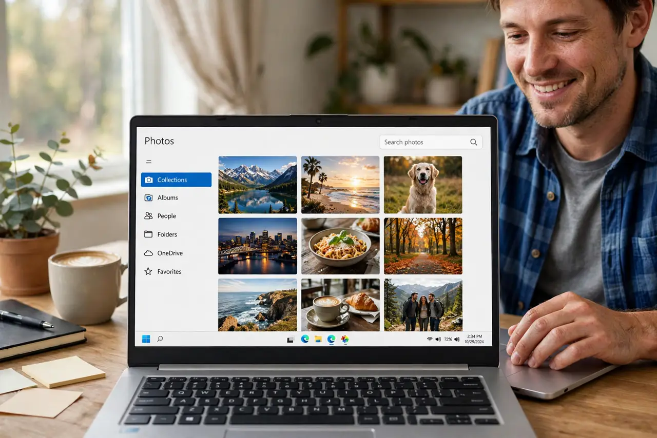 A relaxed man browsing his photos library on a Windows laptop.