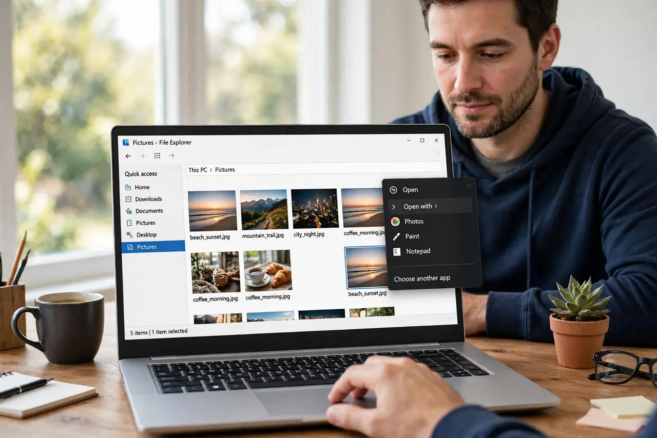 A calm adult right-clicking a photo thumbnail in File Explorer, the Open with menu clearly visible on screen.