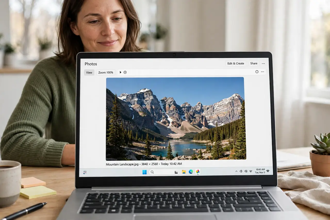 A calm adult at a desk viewing a landscape photo on a Windows laptop, the photo clearly visible.