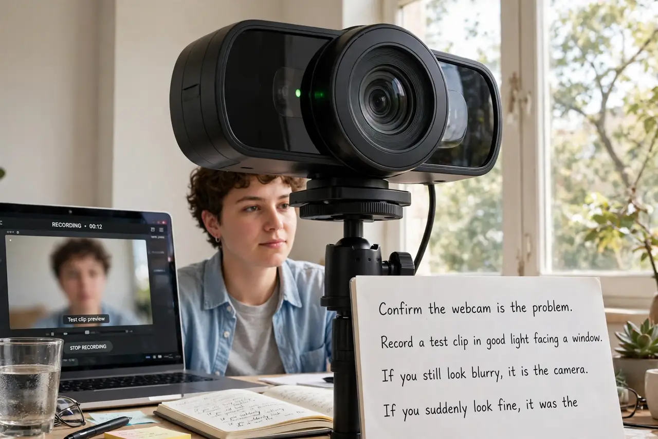 A person performing step 1: Confirm the webcam is the problem. Record a test clip in good light facing a window. If you still look blurry,.
