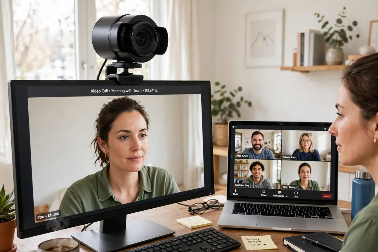 A person on a real video call, a real external webcam mounted on top of a real monitor showing the person's face sharp and well-lit, the laptop beside.