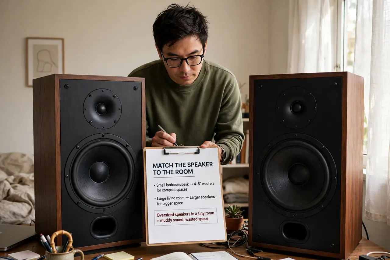 A person performing step 1: Match the speaker to the room. A desk or small bedroom needs compact speakers with 4–5 inch woofers; a big liv.