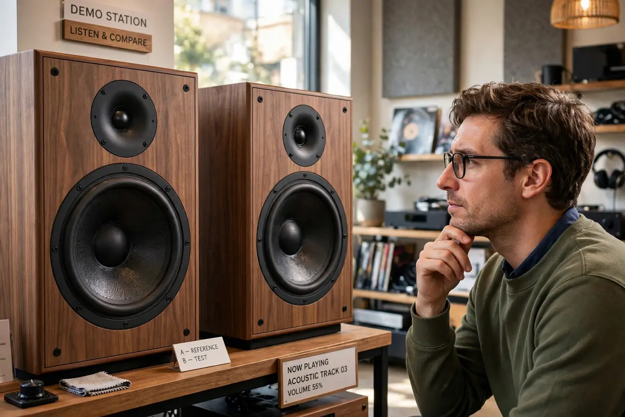 A person in an audio store listening to two real bookshelf speakers on a shelf, both showing visible drivers, the person's face thoughtful and comparing, warm lighting.