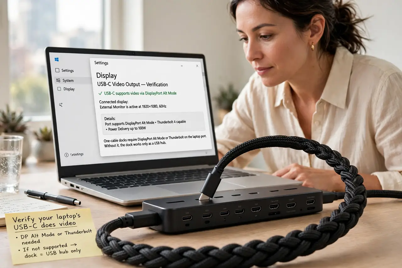 A person performing step 1: Verify your laptop's USB-C does video. One-cable docks need DisplayPort Alt Mode or Thunderbolt on the laptop .