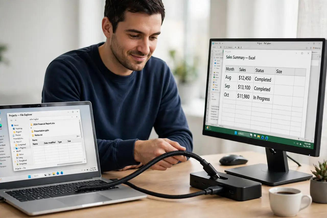 A person plugging a single real cable from a real laptop into a real docking station on a clean desk, a real monitor showing a desktop with legible.