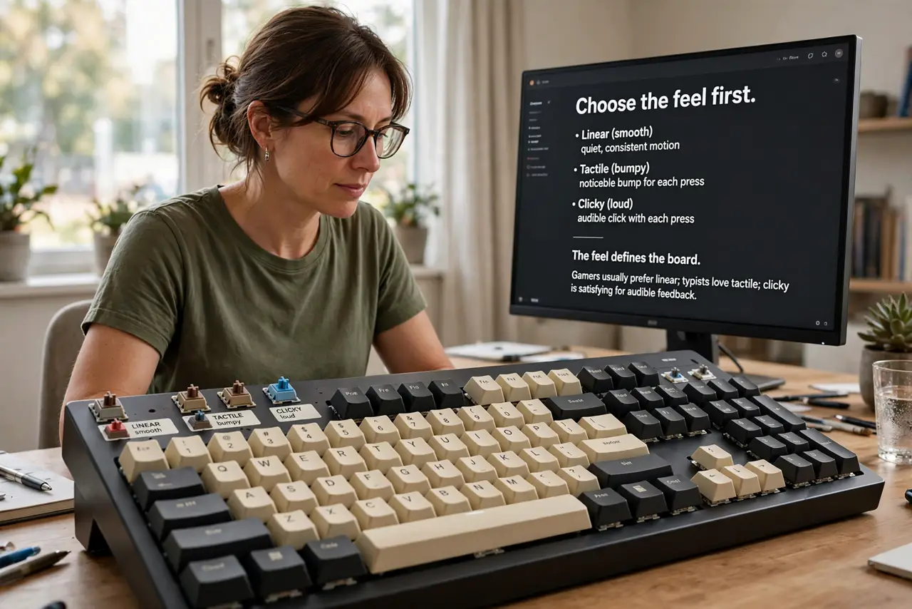 A person performing step 1: Choose the feel first. Linear (smooth), tactile (bumpy), clicky (loud) — the feel defines the board. Gamers us.