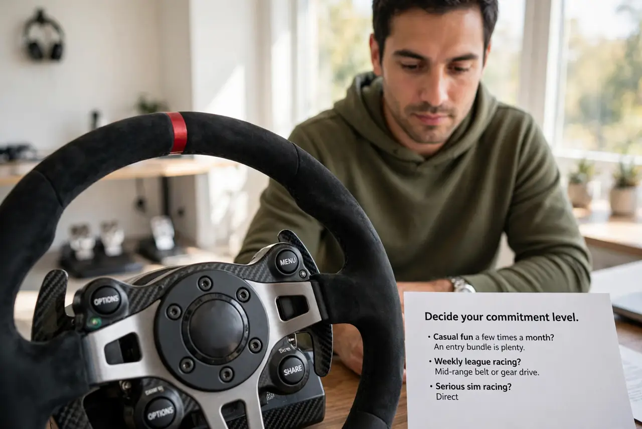 A person performing the guide's first step: Decide your commitment level. Casual fun a few times a month? An entry bundle is plenty. Weekly league racing? Mid-range belt or gear…