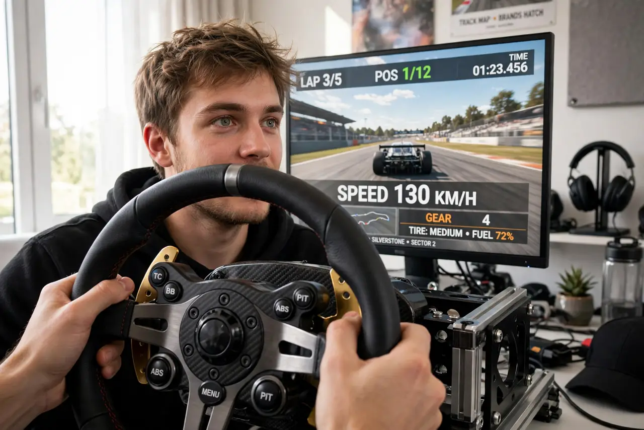 A person gripping a real racing wheel mounted on a rig, a monitor showing a racing game with legible HUD, the person's face concentrated and thrilled, gaming room.