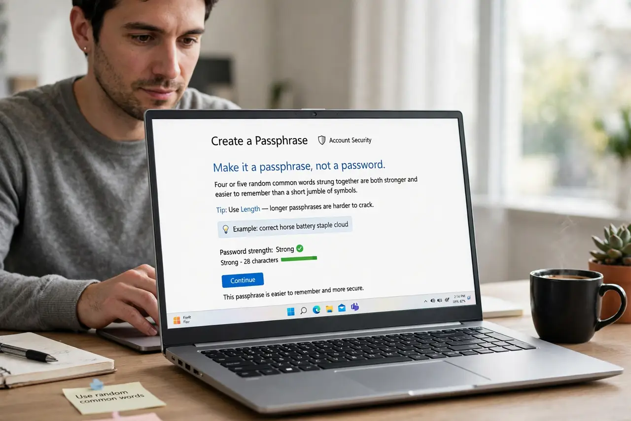 A person performing the guide's first step: Make it a passphrase, not a password. Four or five random common words strung together are both stronger and easier to remember than a…