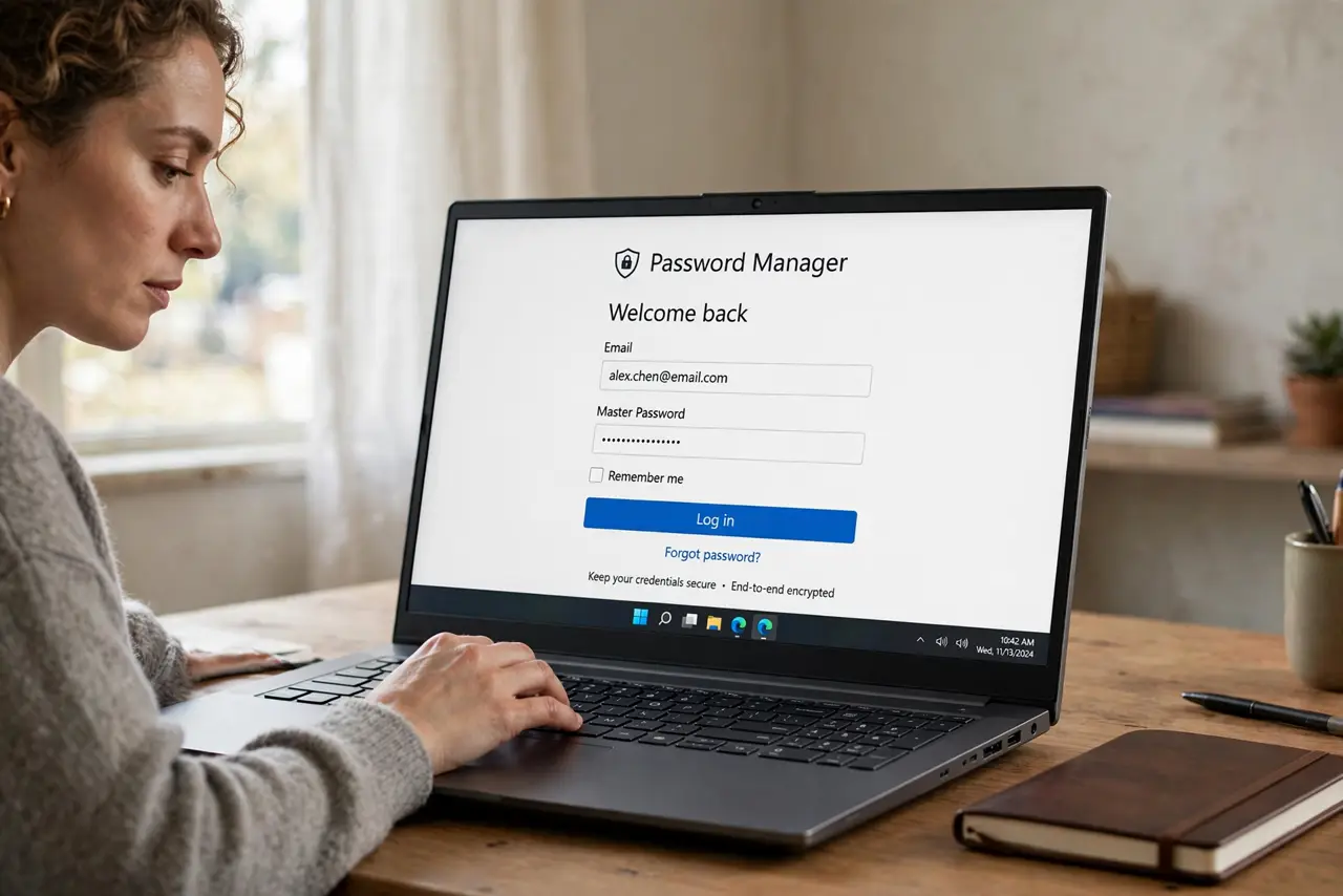 A person typing on a real laptop showing a password manager login screen with legible masked fields, a notebook closed beside it, the person's face serious and careful, home office.