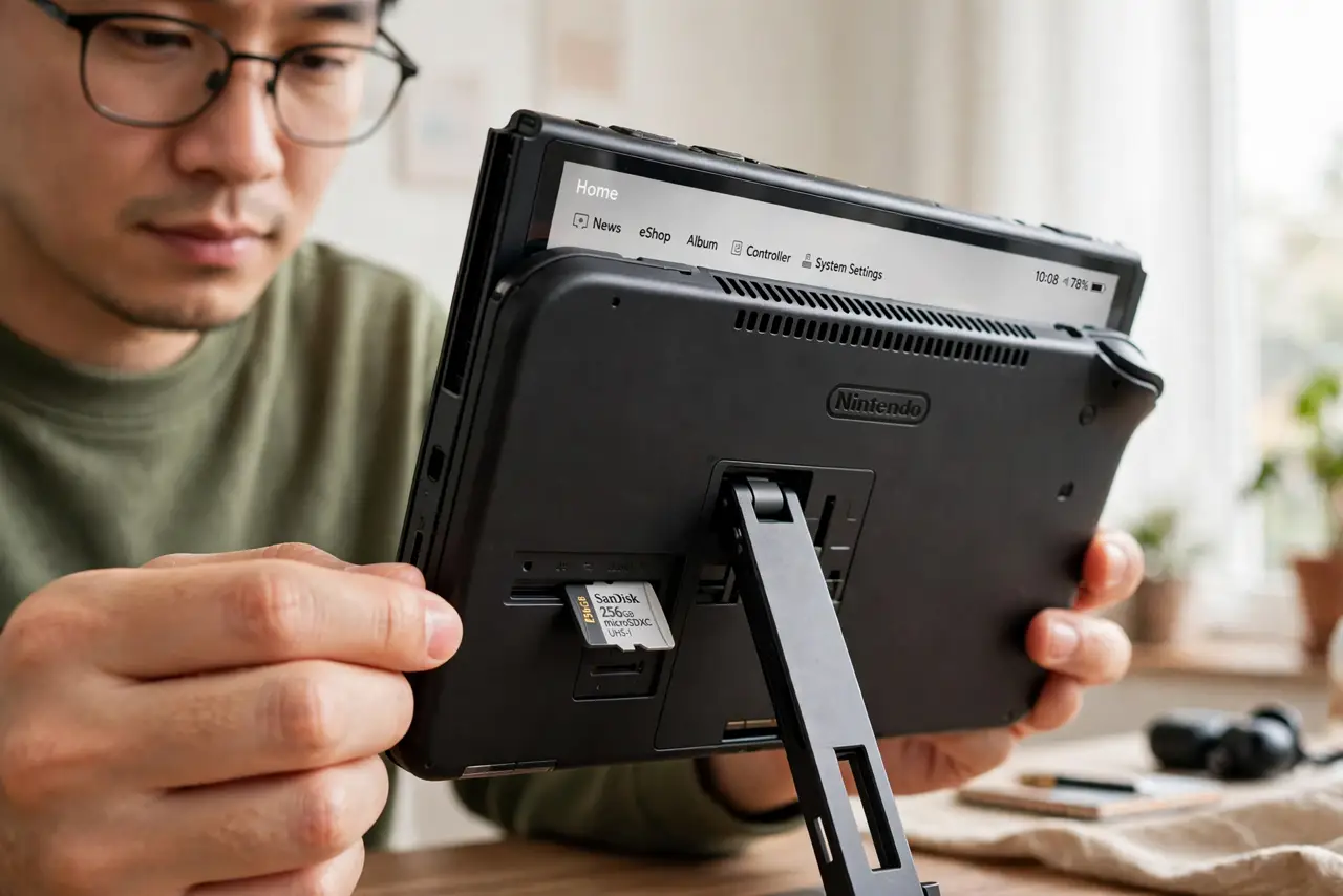 a person inserting a real microSD card into a real Nintendo Switch, the card slot visible under the kickstand, the person's face focused, bright room.