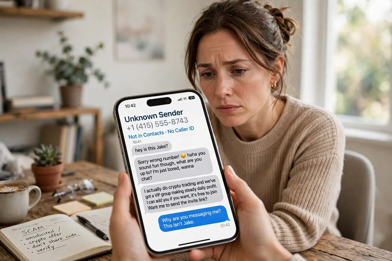 A person performing the first step: Recognize the opening. A wrong-number text that turns chatty instead of apologizing. The 'mistake' is deliberate — it.