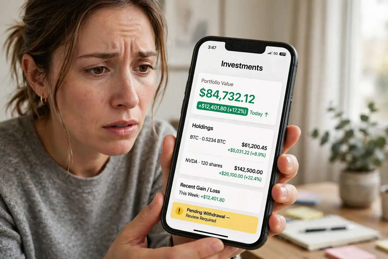 A concerned adult staring at a real phone showing a fake investment app with impressive profit numbers fully legible, the person's face uneasy, home office.