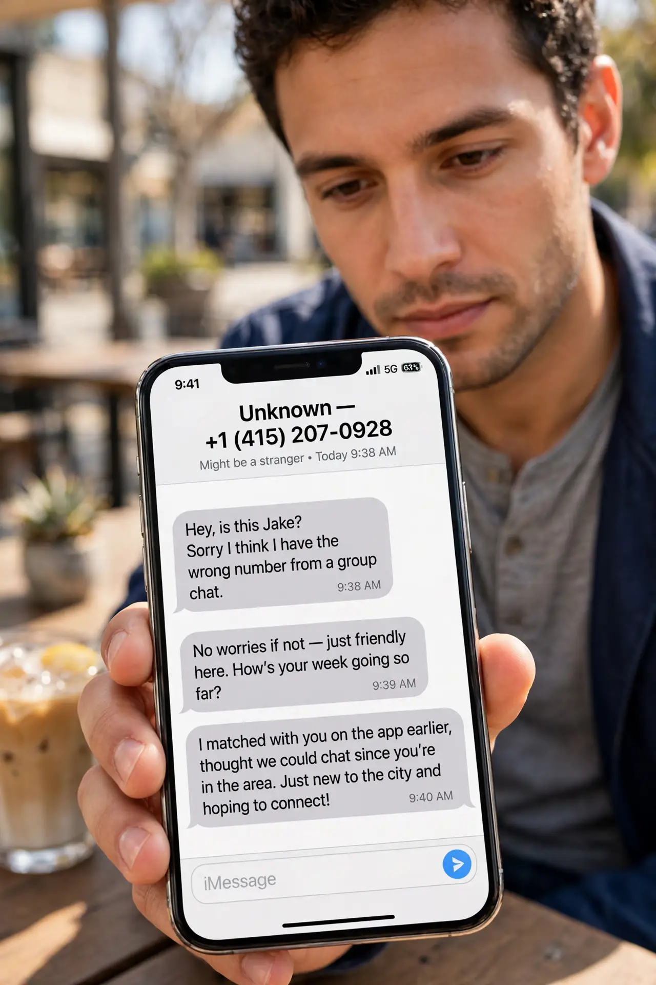 A person performing step 1: Recognize the opening. It starts innocently: a wrong-number text that turns chatty, a dating-app match, a frie.