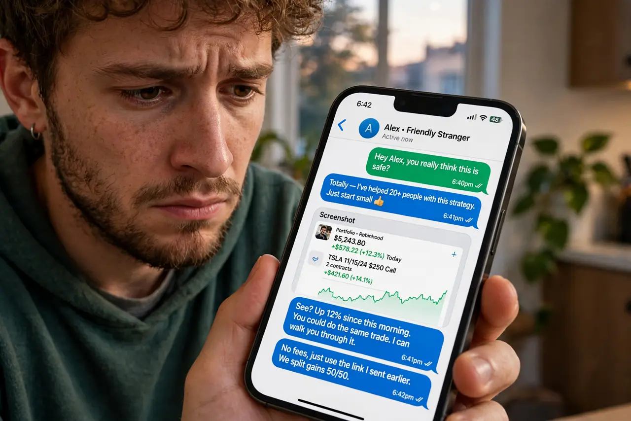 A person staring warily at a real phone showing a legible chat with a friendly stranger and investment screenshots, the person's face uneasy, evening home lighting.