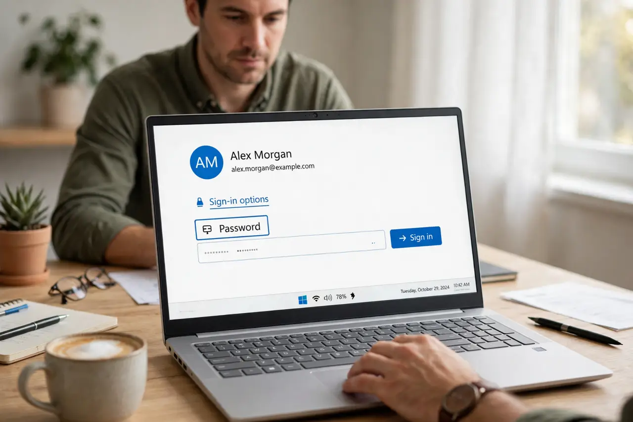 A calm adult selecting Sign-in options on the Windows sign-in screen, the password option highlighted.