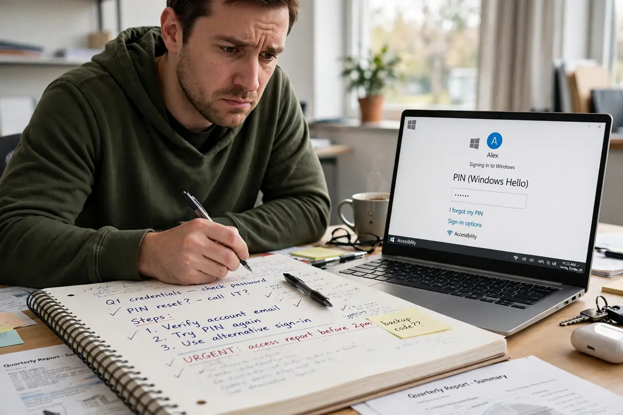 A worried adult at a desk trying to sign in on a Windows laptop showing the PIN sign-in screen.