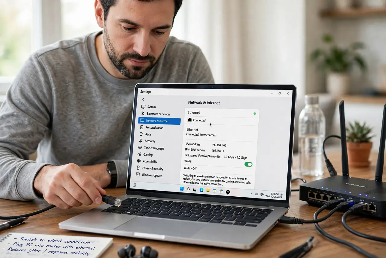 A person performing step 1 of the guide: Switch to a wired connection. Plug the console or PC into the router with an ethernet cable. Cable removes the Wi-Fi interference that causes most jitter, even when average ping lo...