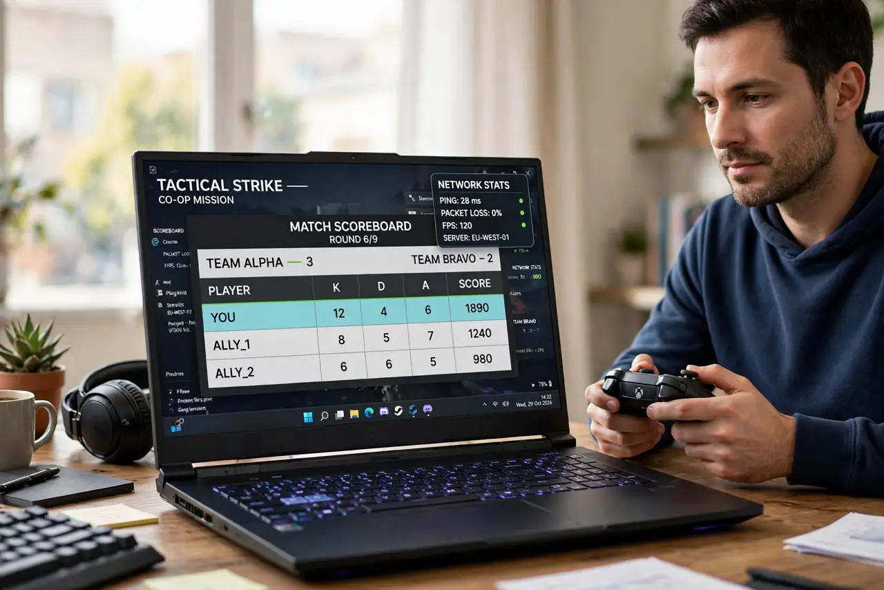 a calm adult at a desk with a real gaming PC, the screen showing an online game with a fully legible scoreboard and a network stats overlay, the person holding a controller. No black screen, no blank white screen, no ...