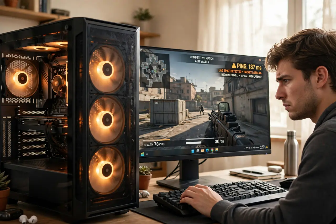 A person gaming on a real PC with a real monitor showing an online game with a legible ping readout in the corner, the person's face frustrated at.