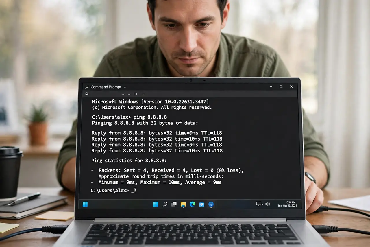 Person performing step 1: Test ping on a wired connection. Connect a computer with a cable and watch ping for a few minutes. Spikes that vanish on cable point to...