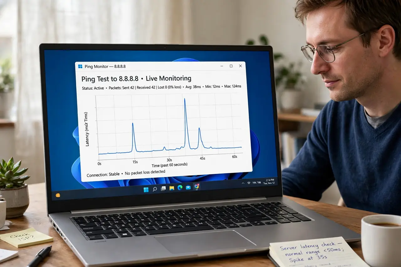 Photorealistic photo: A calm adult at a desk with a real laptop, the real ping test graph visible complete and legible showing spikes, the person checking calmly.