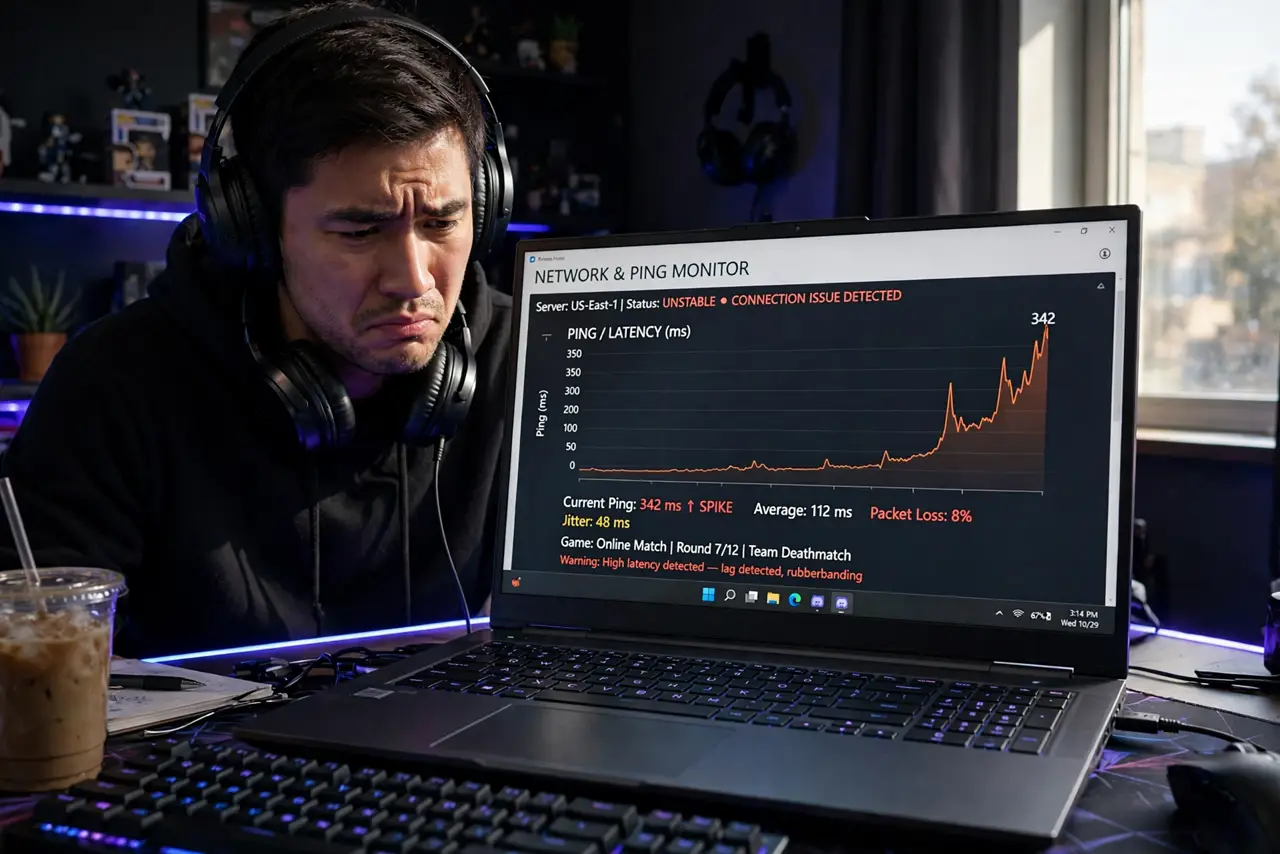 a person gaming on a real PC showing an online game with a legible ping/latency graph spiking on screen, the person's face frustrated, dim gaming room with L...