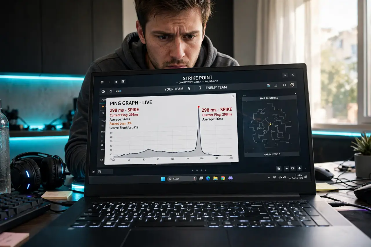 Ping Spikes in Online Games — a gamer at a real PC showing an online game with a ping graph spiking, legible on screen, the person's face te