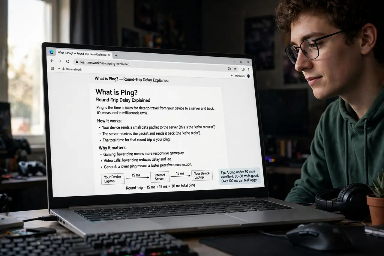 Photoreal photo of a person performing the first step: Learn what ping actually is. Ping is round-trip delay in milliseconds — how long your input ...