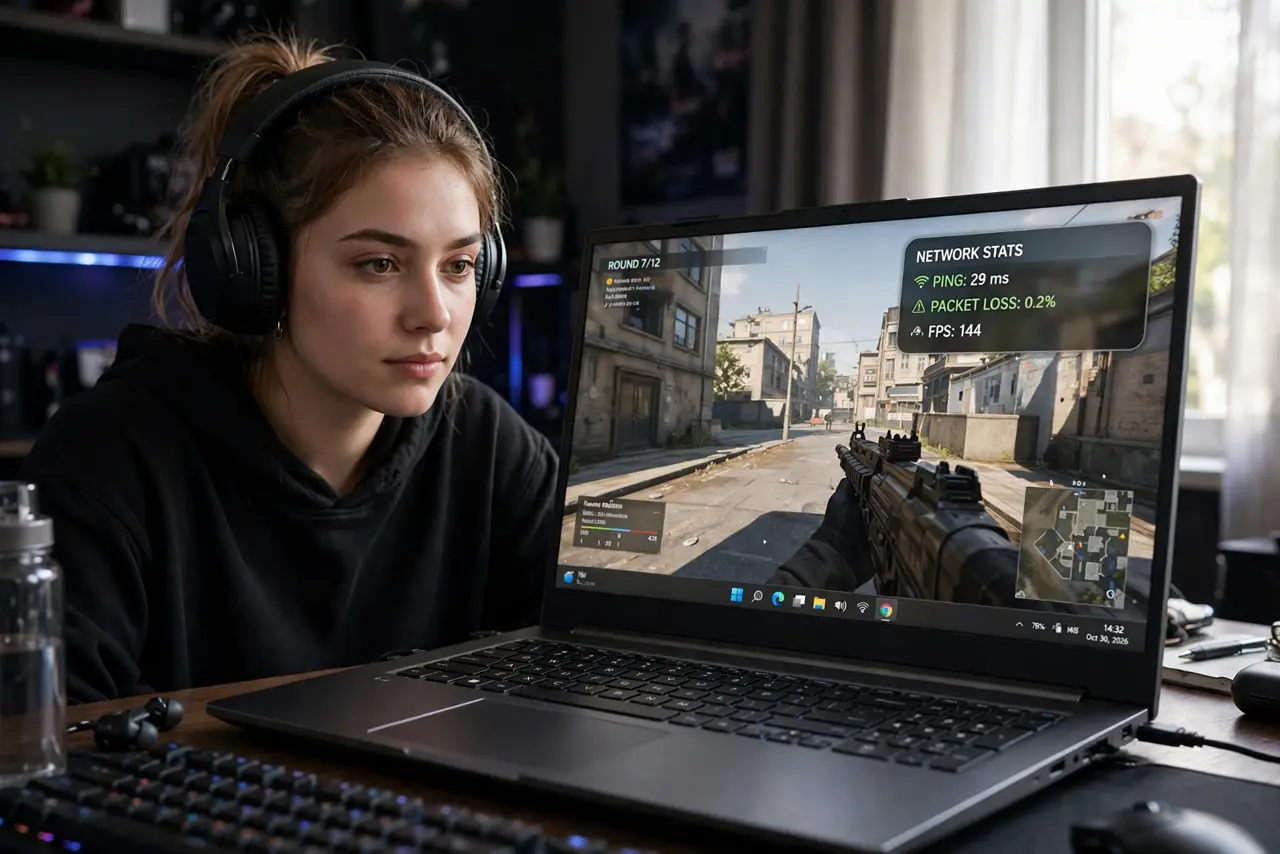 Photoreal photo: a person gaming on a real PC showing a legible in-game network stats overlay with ping and packet loss numbers, the person's face intense, dim gaming room. No black screen, no blank white screen, n...