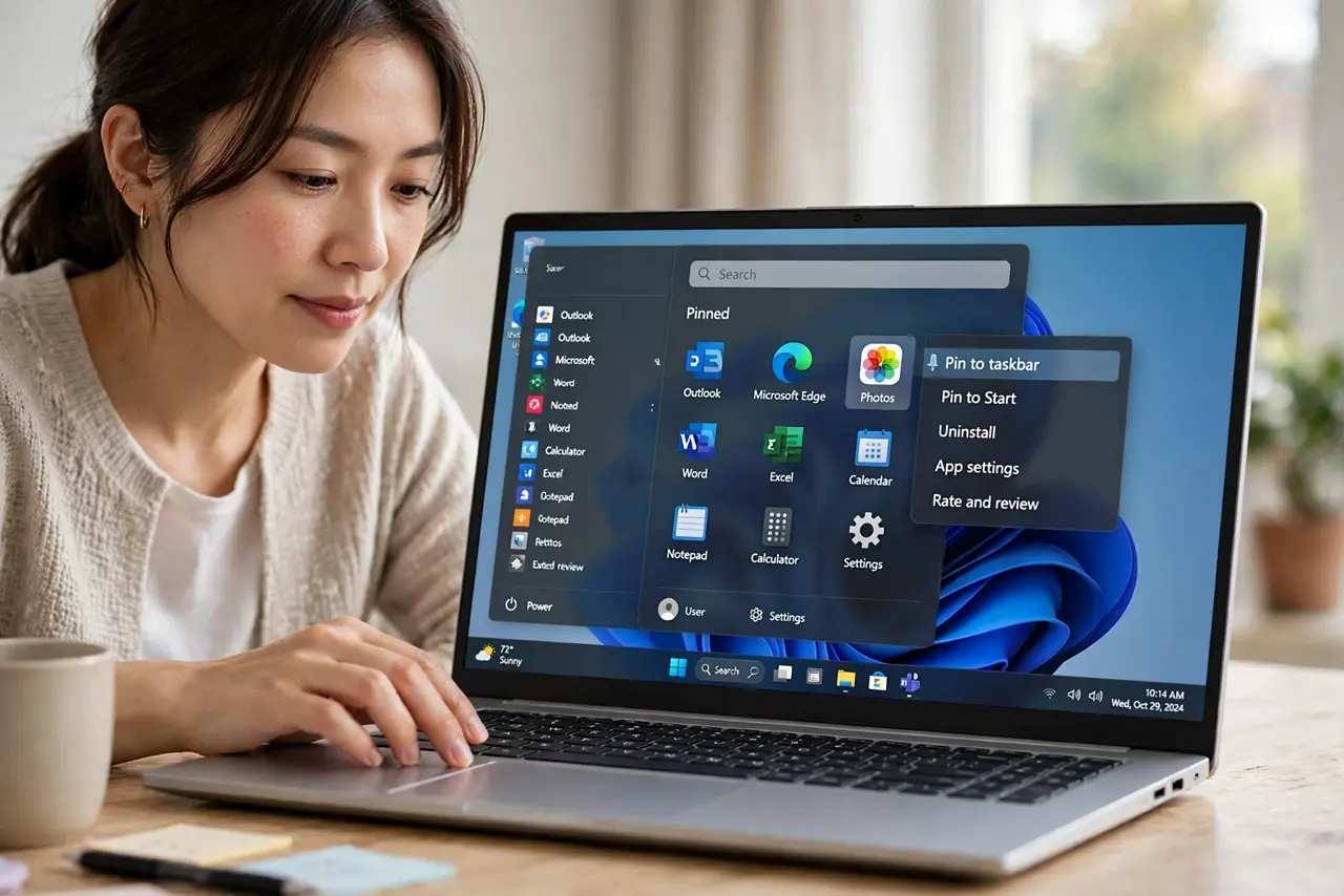 A focused woman pinning an app to the taskbar from the Windows Start menu.