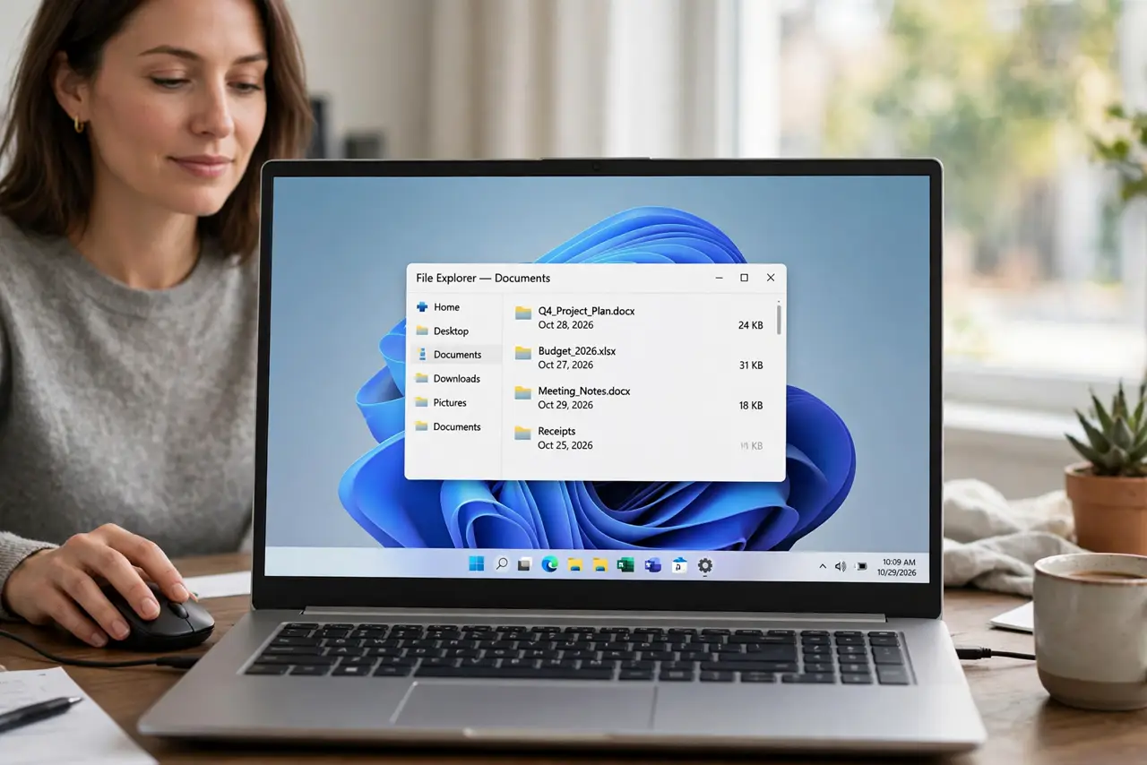 A calm woman with a Windows laptop showing the desktop with the taskbar pinned app icons.