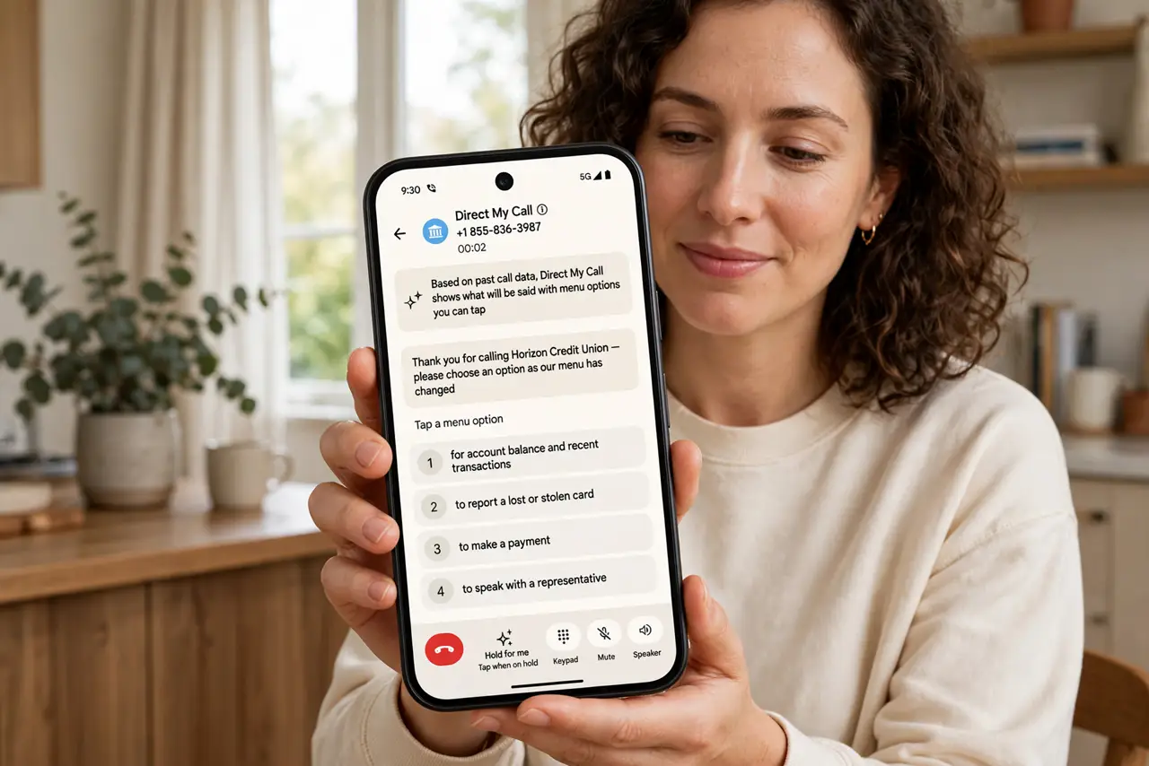 a person holding a real Pixel phone showing the Direct My Call screen with menu options as legible tappable buttons, the person's face relieved, home.