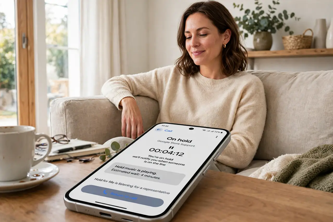 a person relaxing on a real couch with a real Pixel phone lying on the table showing a hold notification with legible text, the person's face relaxed and smi...