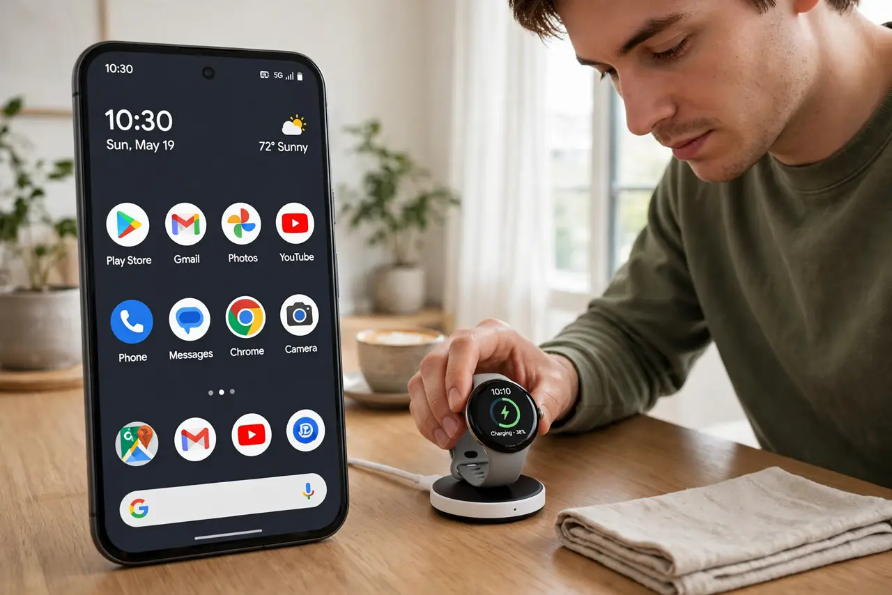 Photoreal photo of a person performing the first step: Charge the watch first. Put it on the charger until it has a healthy charge. Pairing and updati