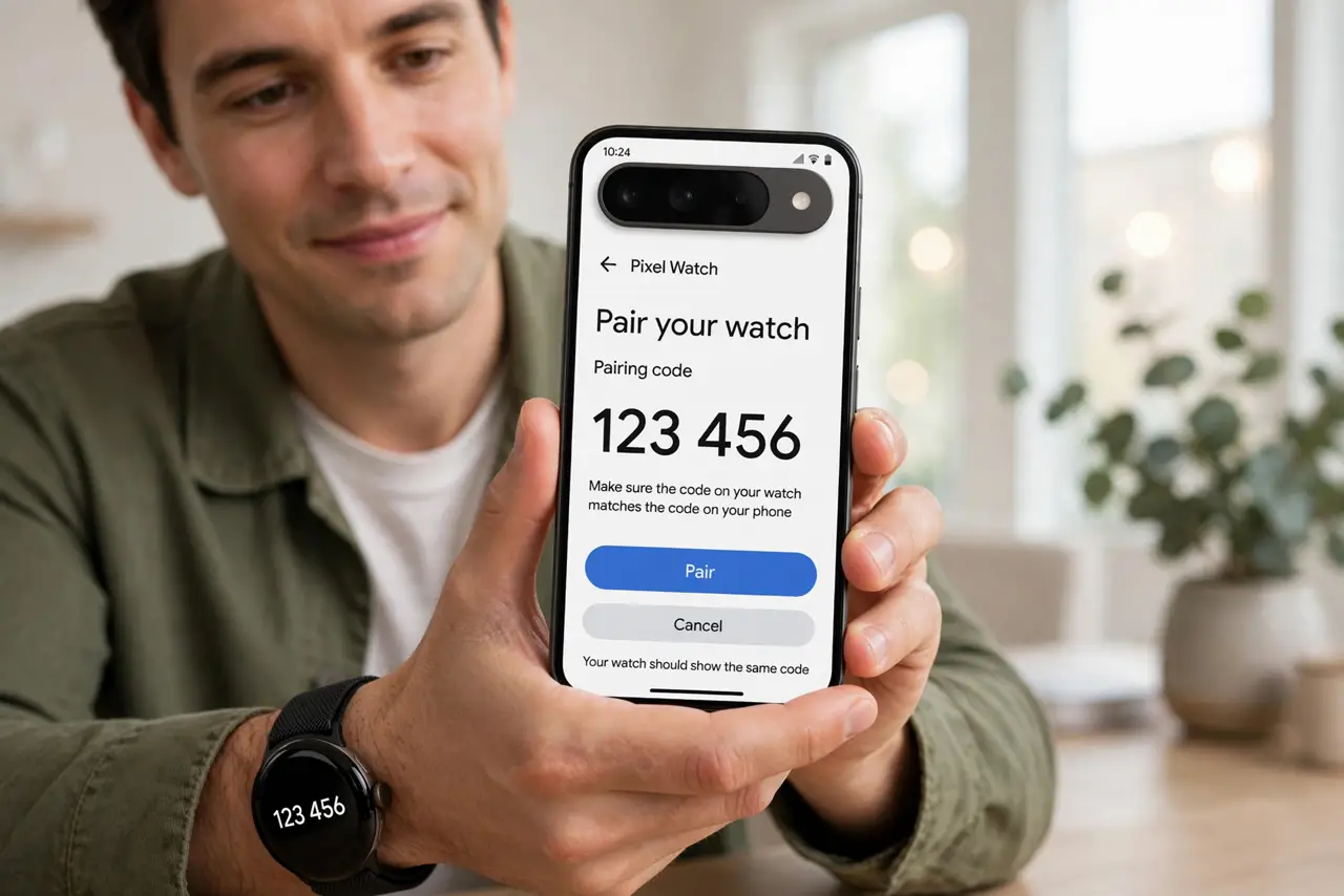 Photoreal photo: a person wearing a real Pixel Watch, holding a real Android phone showing the Pixel Watch app with a legible pairing screen, the person's face pleased, bright room. No black screen, no blank white screen, no fake or g