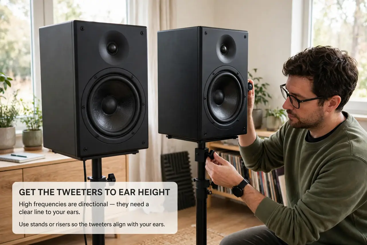 A person performing step 1: Get the tweeters to ear height. High frequencies are directional — they need a clear line to your ears. Put sp.