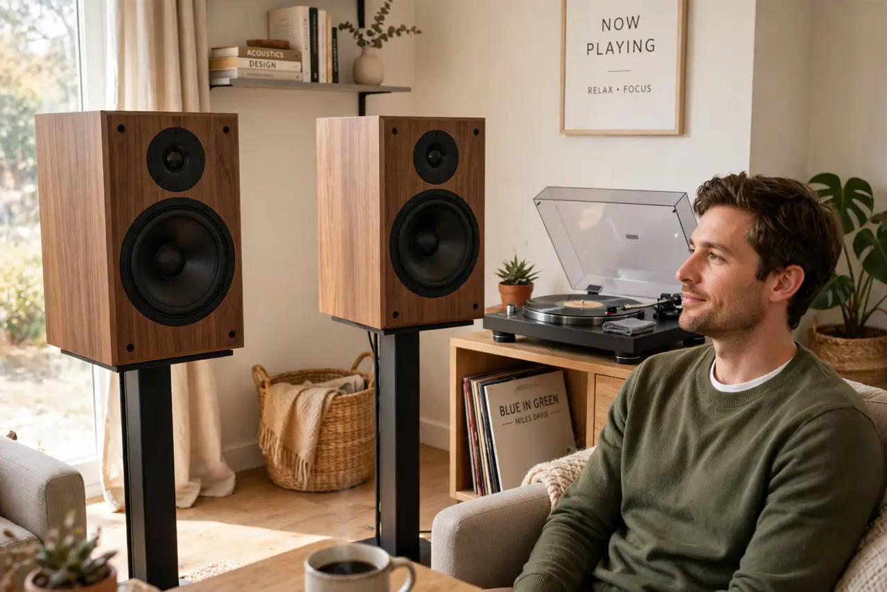 A person sitting in a chair listening to two real bookshelf speakers on stands at ear height, a turntable on a side table, the person's face relaxed and.