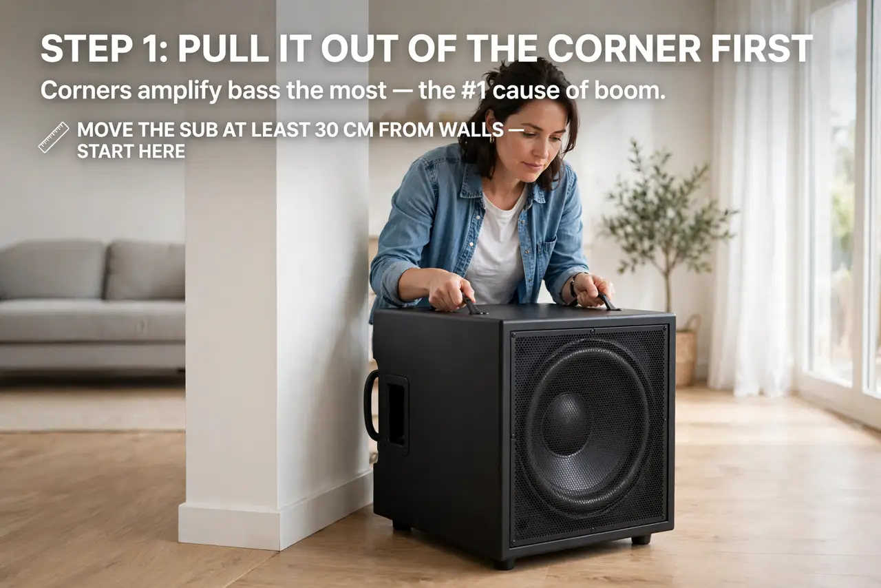 A person performing step 1: Pull it out of the corner first. Corners amplify bass the most — convenient, and the number one cause of boom.